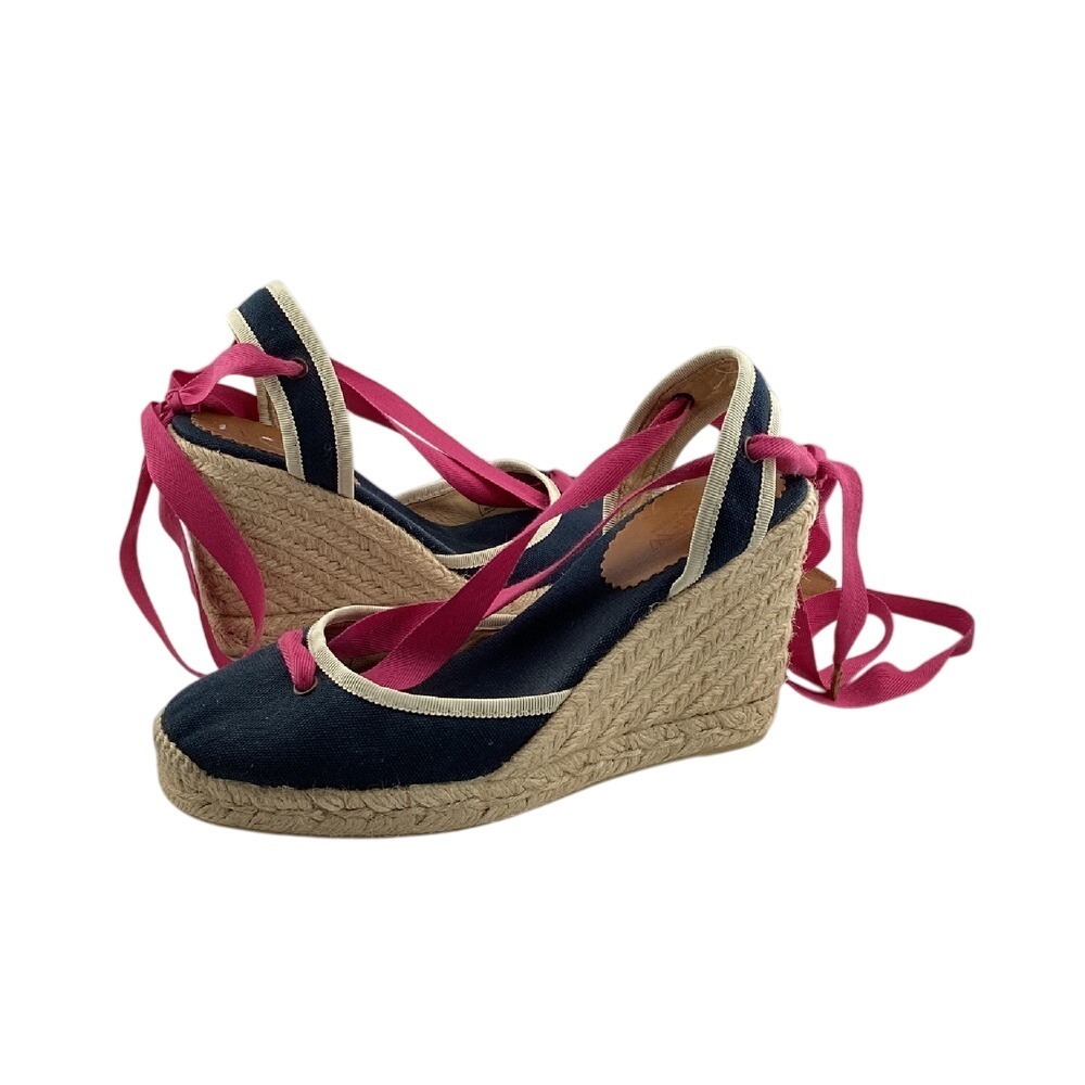 J. Crew Espadrille Wedges Size 6 Navy Blue Pink Ribbon Ankle Tie Up Summer Shoes